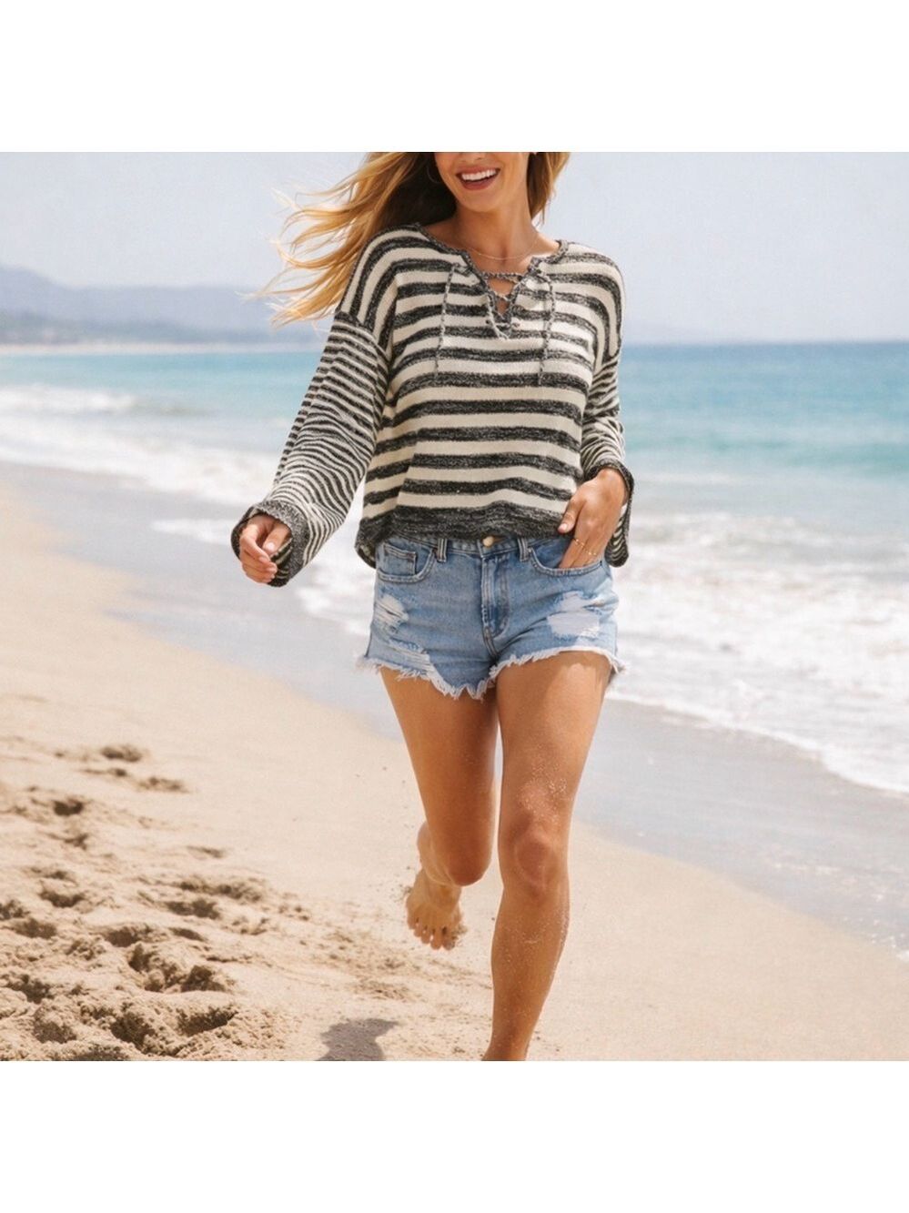 BILLABONG TIDAL VIBES LACE UP NAUTICAL STRIPE SWEATER NWT COASTAL BOHO SMALL